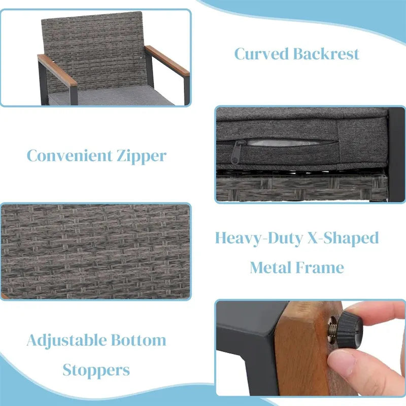 Ensemble bistro en résine tressée à bascule 3 pièces, mobilier de jardin avec chaises de véranda et table basse en verre.