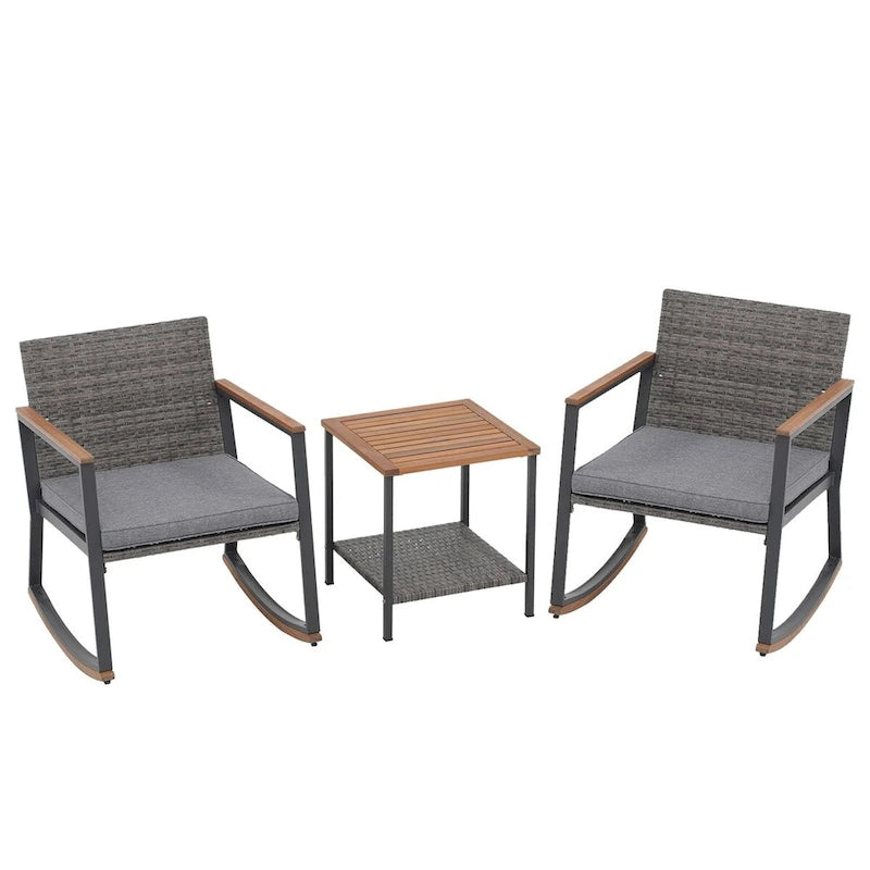 Ensemble bistro en résine tressée à bascule 3 pièces, mobilier de jardin avec chaises de véranda et table basse en verre.