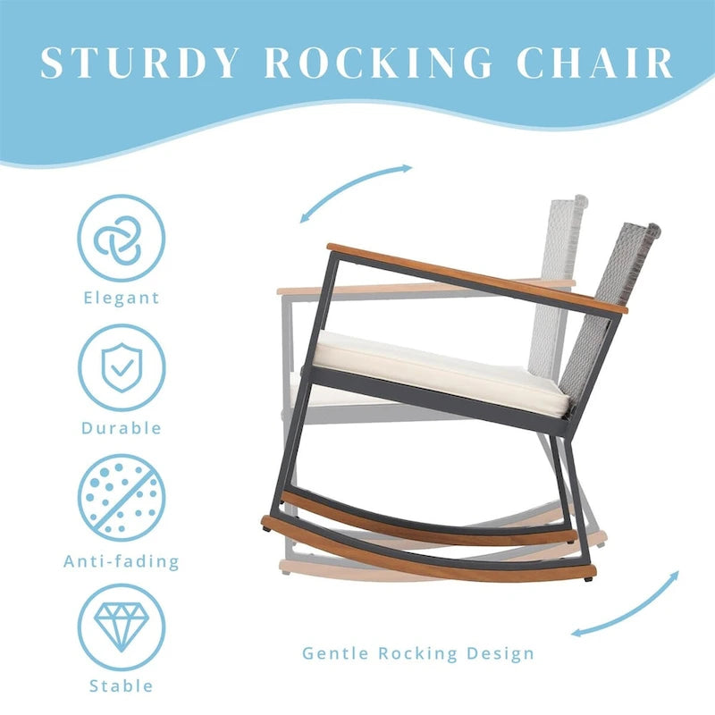 Ensemble bistro en résine tressée à bascule 3 pièces, mobilier de jardin avec chaises de véranda et table basse en verre.