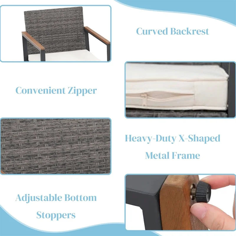 Ensemble bistro en résine tressée à bascule 3 pièces, mobilier de jardin avec chaises de véranda et table basse en verre.