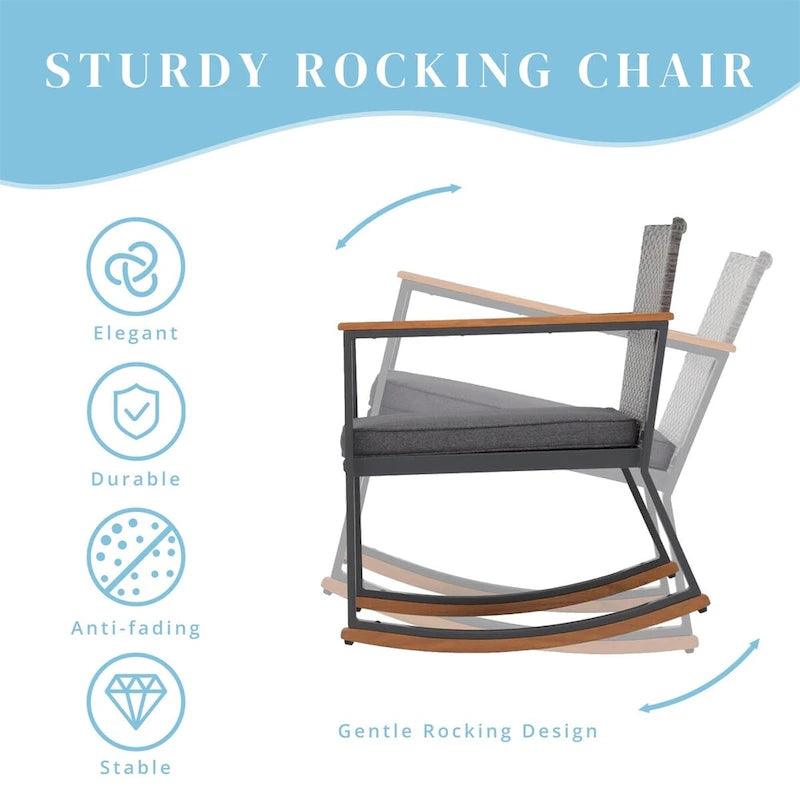 Ensemble bistro en résine tressée à bascule 3 pièces, mobilier de jardin avec chaises de véranda et table basse en verre.