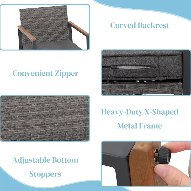 Ensemble bistro en résine tressée à bascule 3 pièces, mobilier de jardin avec chaises de véranda et table basse en verre.