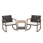 Ensemble bistro en résine tressée à bascule 3 pièces, mobilier de jardin avec chaises de véranda et table basse en verre.