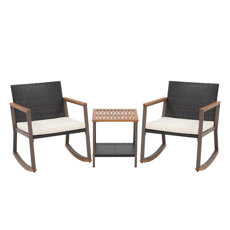 Ensemble bistro en résine tressée à bascule 3 pièces, mobilier de jardin avec chaises de véranda et table basse en verre.