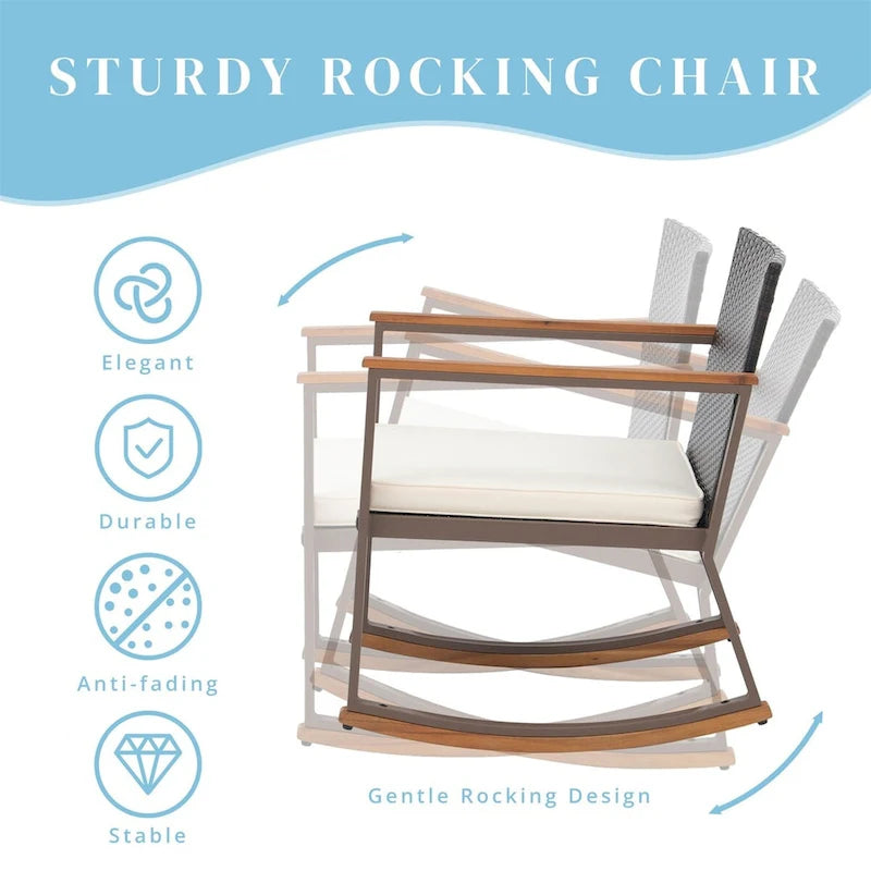 Ensemble bistro en résine tressée à bascule 3 pièces, mobilier de jardin avec chaises de véranda et table basse en verre.