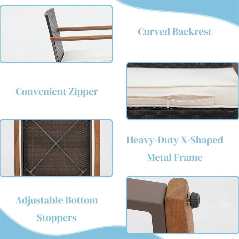 Ensemble bistro en résine tressée à bascule 3 pièces, mobilier de jardin avec chaises de véranda et table basse en verre.