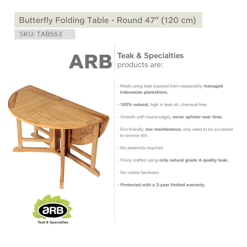 Table de salle à manger pliante papillon en teck - Ronde 48 (120 cm)