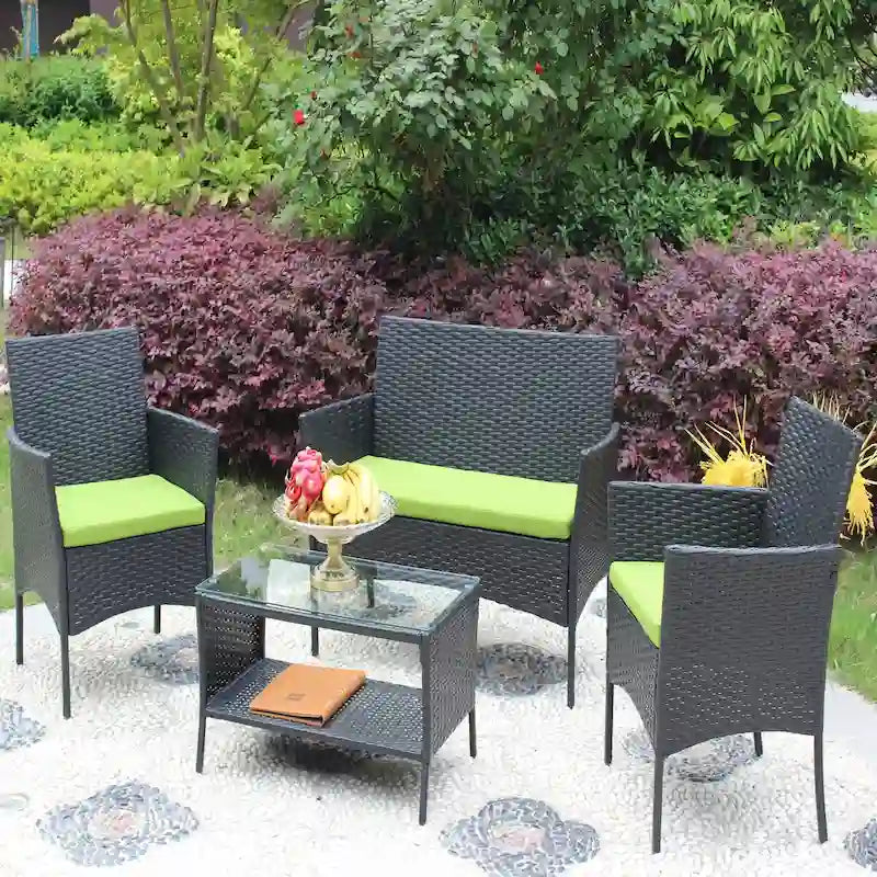 Ensemble de mobilier de patio en rotin 4 pièces, canapé d'extérieur avec assise rembourrée en osier