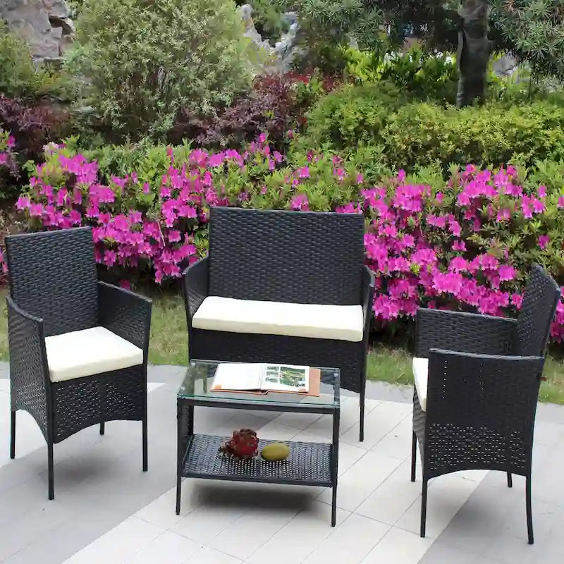 Ensemble de mobilier de patio en rotin 4 pièces, canapé d'extérieur avec assise rembourrée en osier