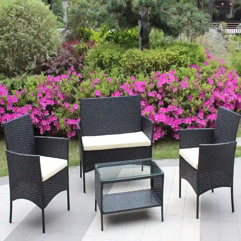 Ensemble de mobilier de patio en rotin 4 pièces, canapé d'extérieur avec assise rembourrée en osier