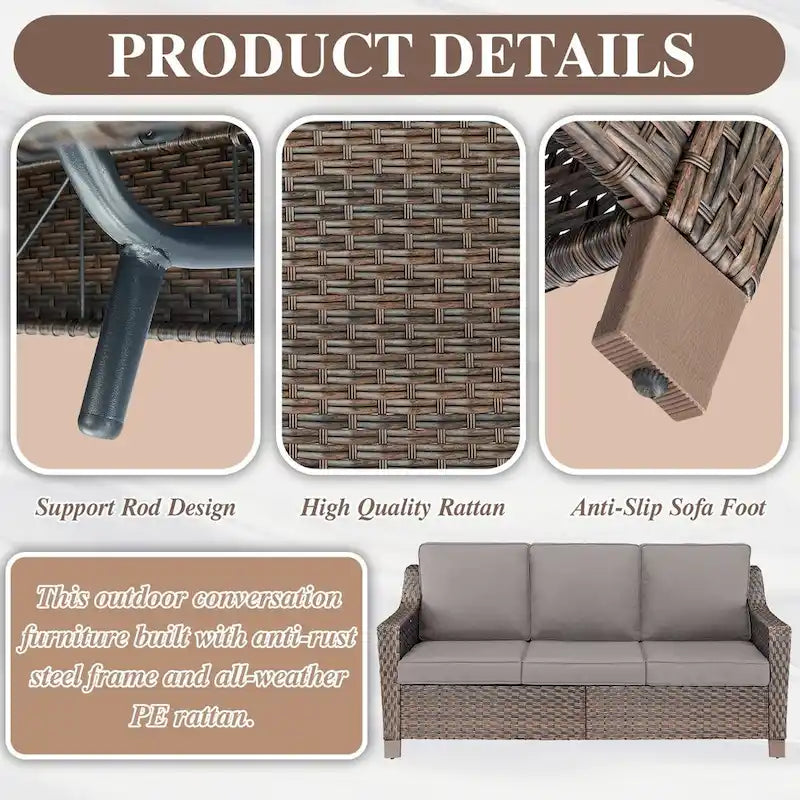 Canapé de patio 3 places avec assise profonde - Marron