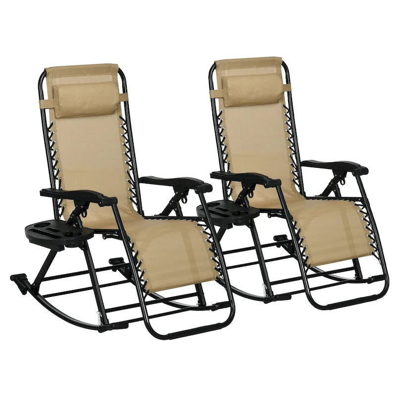 Lot de 2 fauteuils à bascule pliants d'extérieur, inclinables, position zéro gravité, avec coussin, porte-gobelet et porte-téléphone.