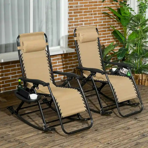 2 Pieces Outdoor Folding Rocking Chairs, Zero-Gravity Reclining Rocker with Pillow, Cup & Phone Holder