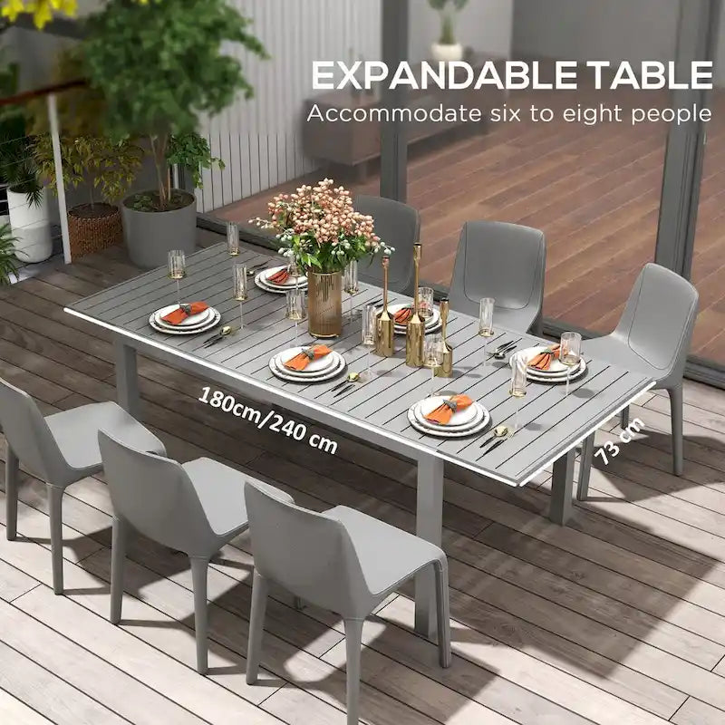 Table de patio extensible, table de patio rectangulaire, table à manger d'extérieur pour 6 à 8 personnes avec structure en aluminium et plateau à lattes
