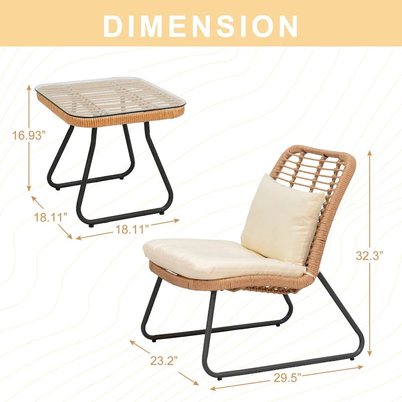 Ensemble de mobilier de jardin en rotin tressé avec coussins (lot de 3) - 59 cm (L) x 75 cm (l) x 82 cm (H)