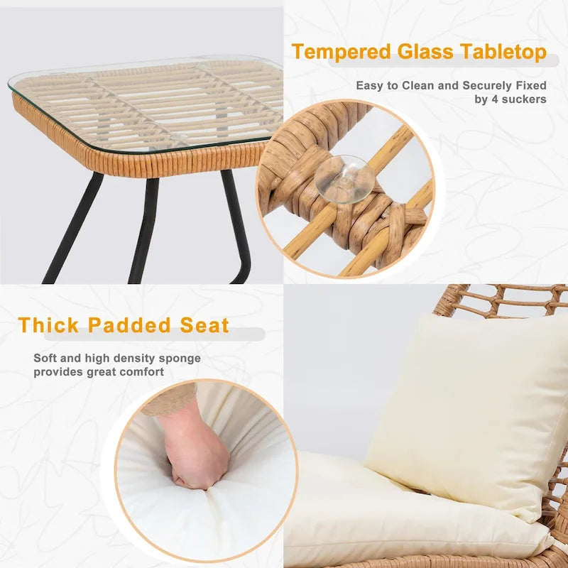 Ensemble de mobilier de jardin en rotin tressé avec coussins (lot de 3) - 59 cm (L) x 75 cm (l) x 82 cm (H)