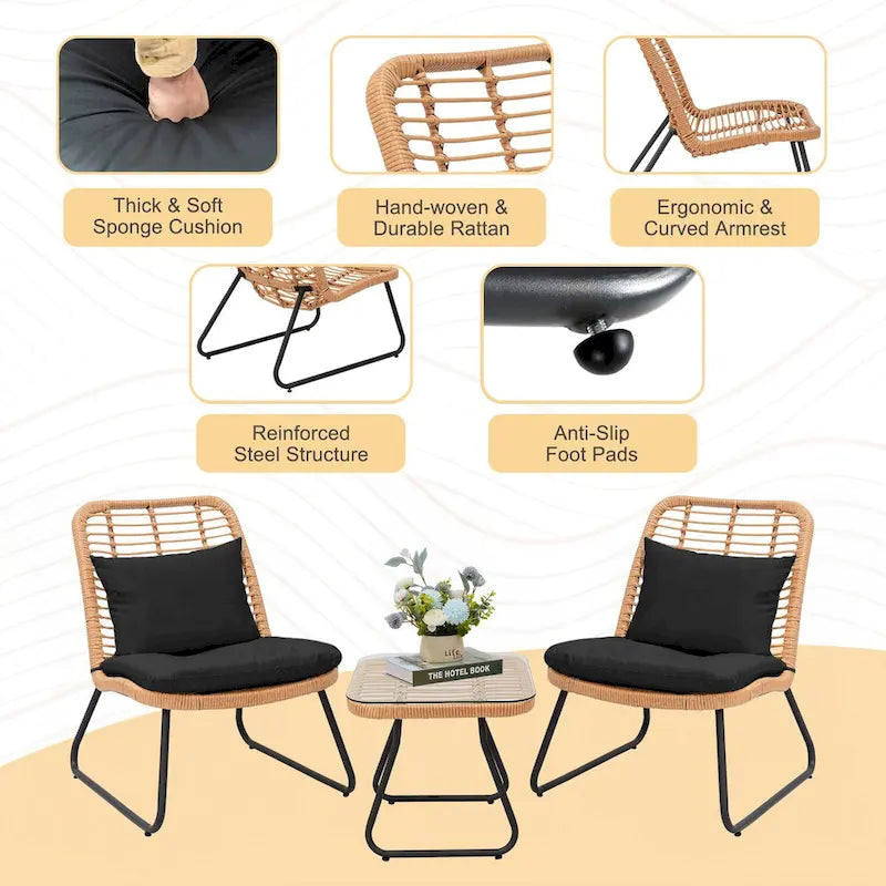 Ensemble de mobilier de jardin en rotin tressé avec coussins (lot de 3) - 59 cm (L) x 75 cm (l) x 82 cm (H)