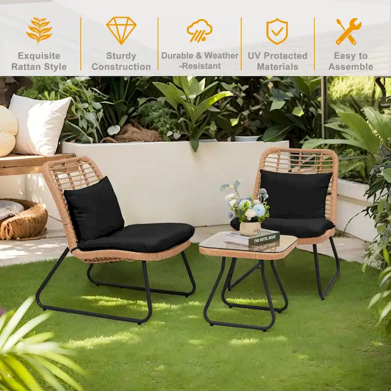 Ensemble de mobilier de jardin en rotin tressé avec coussins (lot de 3) - 59 cm (L) x 75 cm (l) x 82 cm (H)