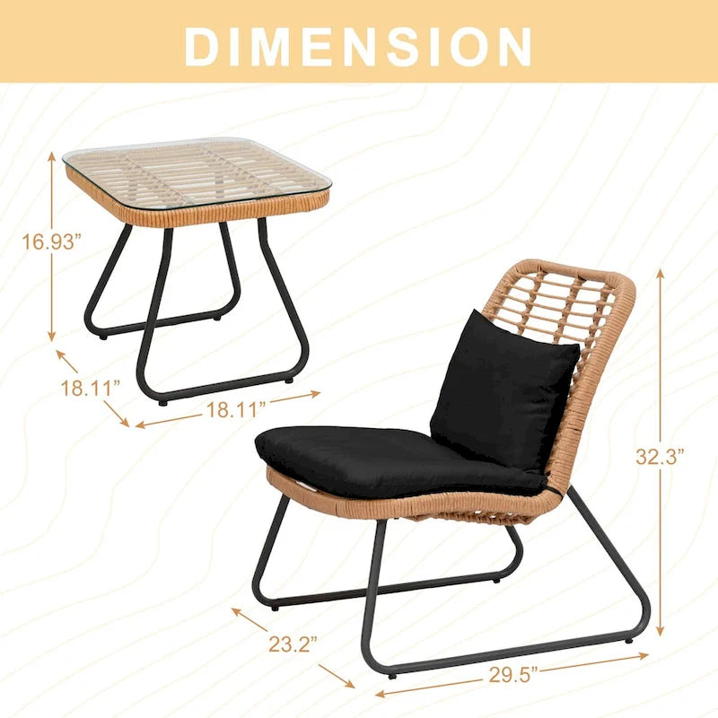 Ensemble de mobilier de jardin en rotin tressé avec coussins (lot de 3) - 59 cm (L) x 75 cm (l) x 82 cm (H)
