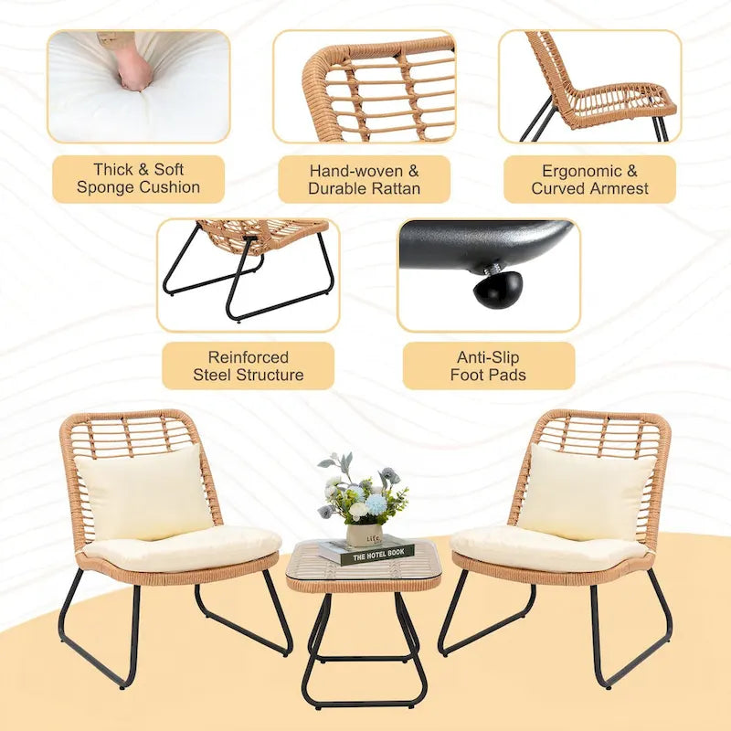 Ensemble de mobilier de jardin en rotin tressé avec coussins (lot de 3) - 59 cm (L) x 75 cm (l) x 82 cm (H)