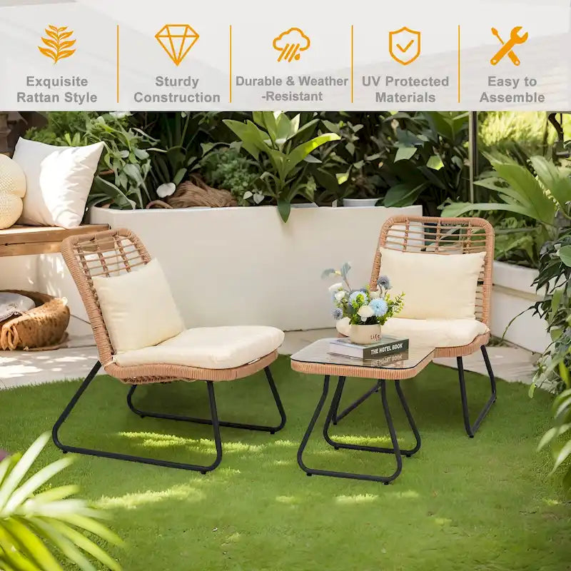 Ensemble de mobilier de jardin en rotin tressé avec coussins (lot de 3) - 59 cm (L) x 75 cm (l) x 82 cm (H)