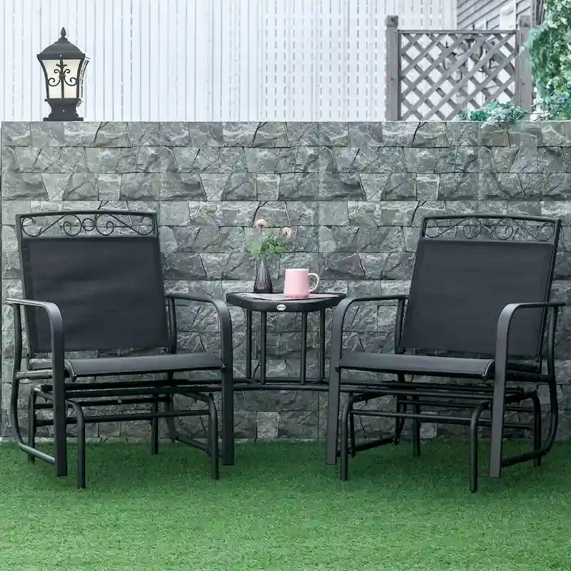 Outdoor Glider Chairs with Coffee Table, Patio 2-Seat Rocking Chair Swing with Breathable Sling