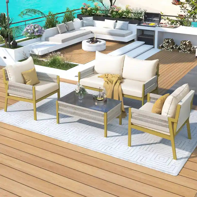 Ensemble de mobilier de patio en corde 4 pièces, mobilier d'extérieur avec table, ensemble de conversation pour patio avec sièges profonds pour balcon