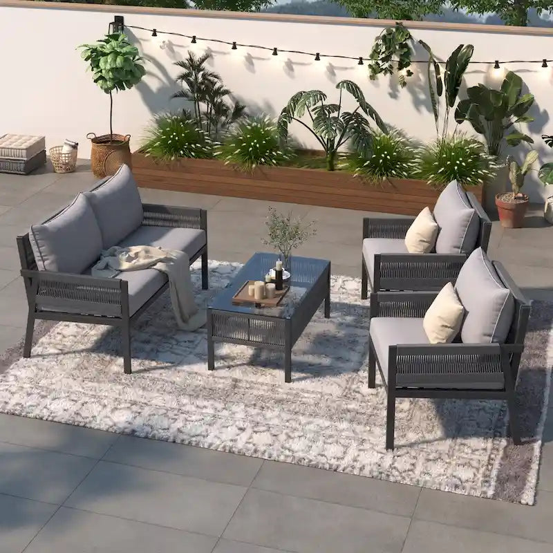 Ensemble de mobilier de patio en corde 4 pièces, mobilier d'extérieur avec table, ensemble de conversation pour patio avec sièges profonds pour balcon