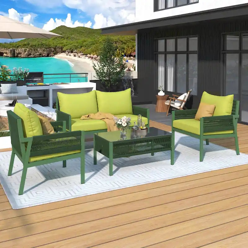 Ensemble de mobilier de patio en corde 4 pièces, mobilier d'extérieur avec table, ensemble de conversation pour patio avec sièges profonds pour balcon