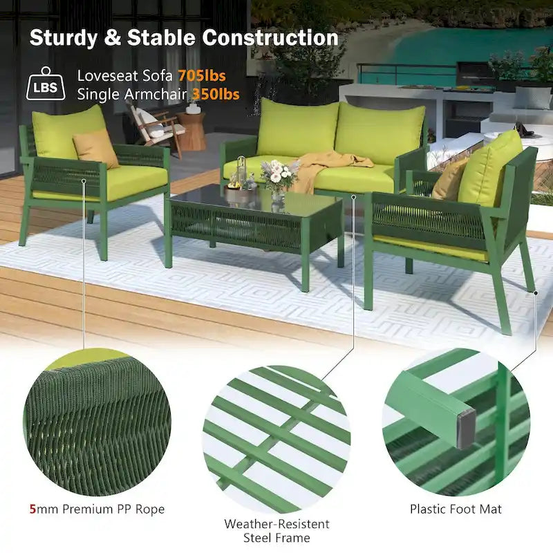 Ensemble de mobilier de patio en corde 4 pièces, mobilier d'extérieur avec table, ensemble de conversation pour patio avec sièges profonds pour balcon