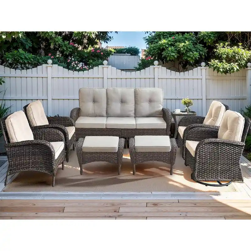 Canapé en rotin avec fauteuils pivotants à bascule et poufs - Marron