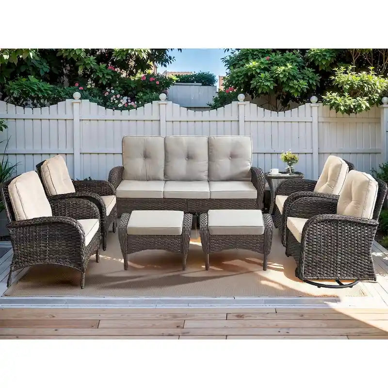 Rattan Sofa Couch with Swivel Rocking Chairs, Ottomans - Brown