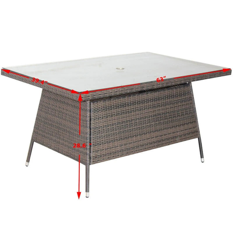 Mobilier de terrasse extérieur, table à manger rectangulaire avec plateau en verre trempé transparent