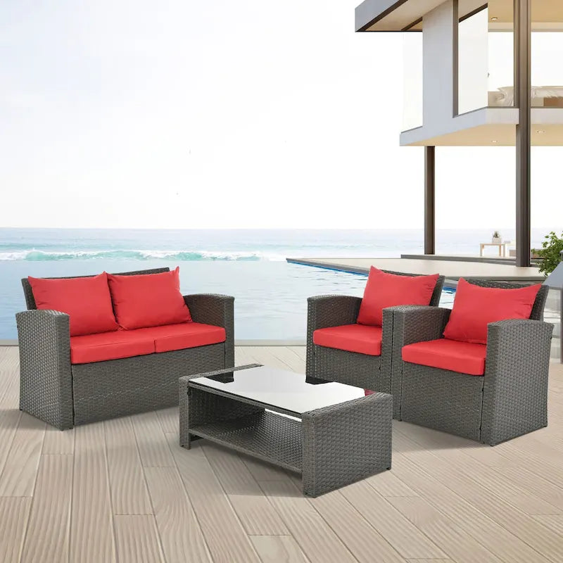 Ensemble de conversation de mobilier de patio extérieur rouge 4 pièces