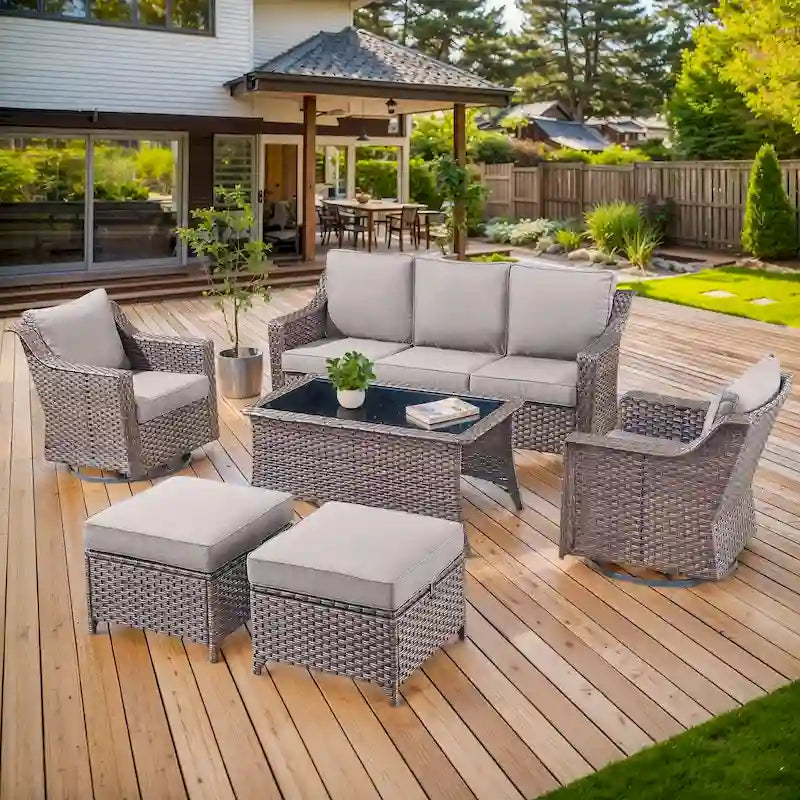 Fauteuils pivotants avec repose-pieds et table basse - Marron