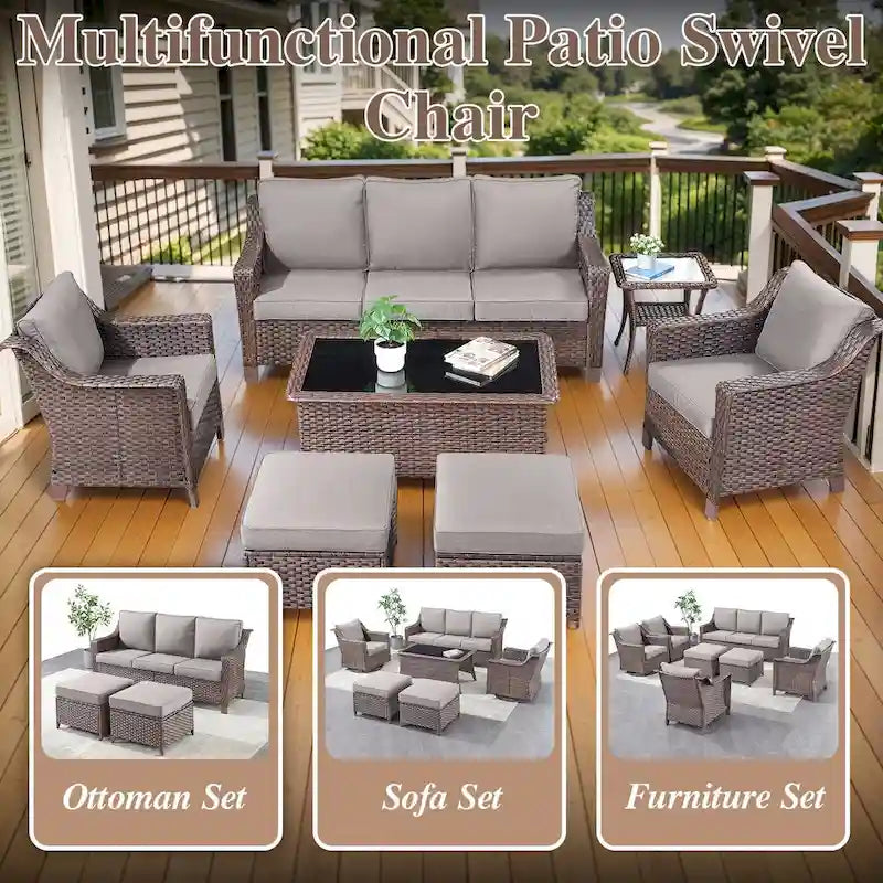 Fauteuils pivotants avec repose-pieds et table basse - Marron