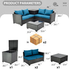 Ensemble de canapé d'angle d'extérieur 4 pièces en résine tressée PE tressée à la main, avec coussins et coffre de rangement