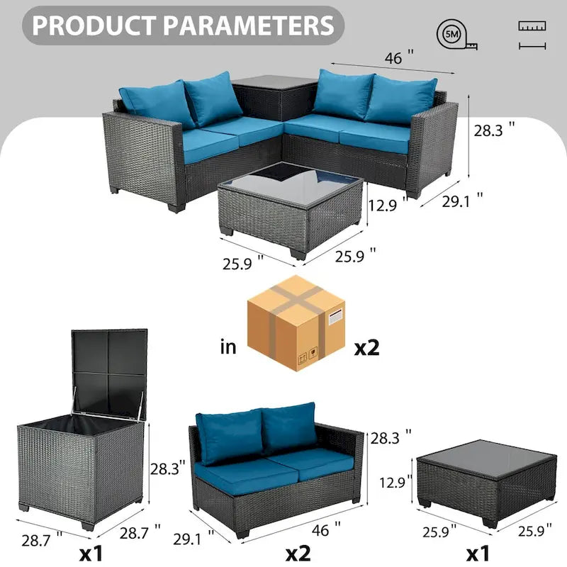 Ensemble de canapé d'angle d'extérieur 4 pièces en résine tressée PE tressée à la main, avec coussins et coffre de rangement