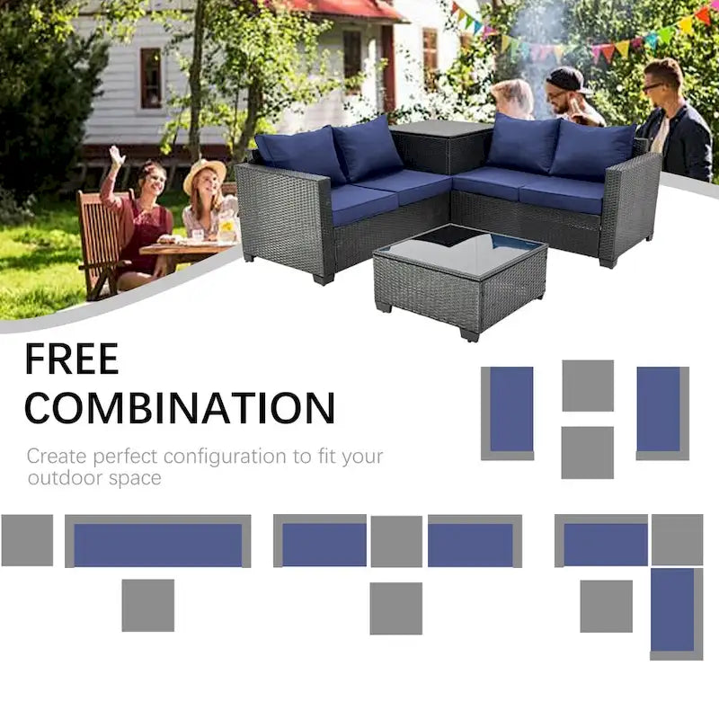 Ensemble de canapé d'angle d'extérieur 4 pièces en résine tressée PE tressée à la main, avec coussins et coffre de rangement