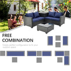 Ensemble de canapé d'angle d'extérieur 4 pièces en résine tressée PE tressée à la main, avec coussins et coffre de rangement