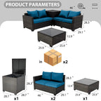 Ensemble de canapé d'angle d'extérieur 4 pièces en résine tressée PE tressée à la main, avec coussins et coffre de rangement