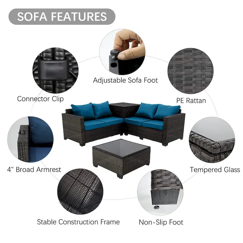 Ensemble de canapé d'angle d'extérieur 4 pièces en résine tressée PE tressée à la main, avec coussins et coffre de rangement