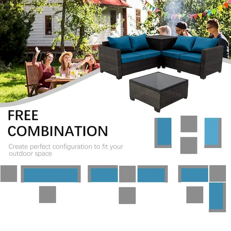 Ensemble de canapé d'angle d'extérieur 4 pièces en résine tressée PE tressée à la main, avec coussins et coffre de rangement