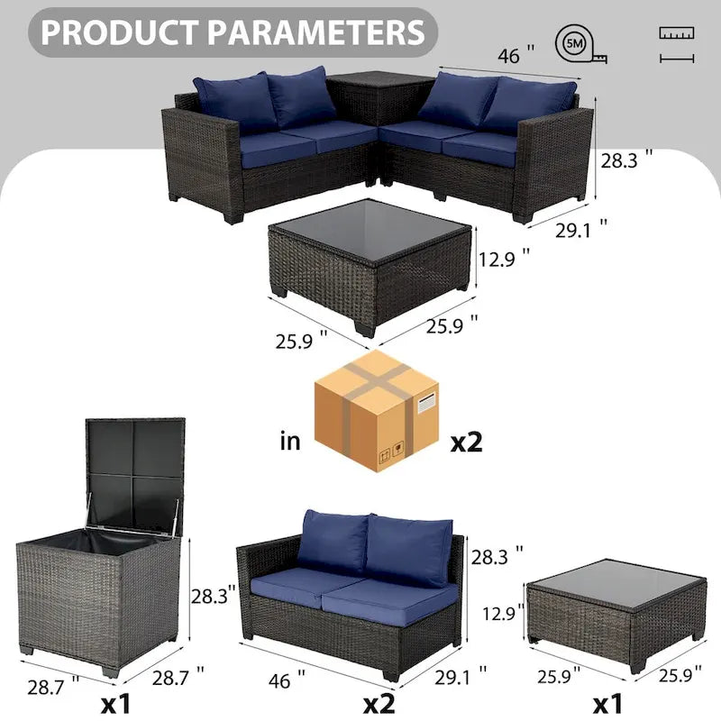 Ensemble de canapé d'angle d'extérieur 4 pièces en résine tressée PE tressée à la main, avec coussins et coffre de rangement