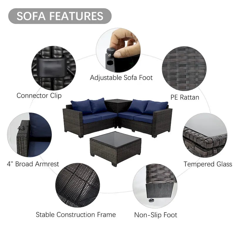 Ensemble de canapé d'angle d'extérieur 4 pièces en résine tressée PE tressée à la main, avec coussins et coffre de rangement