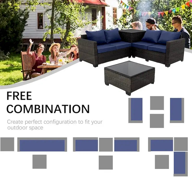 Ensemble de canapé d'angle d'extérieur 4 pièces en résine tressée PE tressée à la main, avec coussins et coffre de rangement