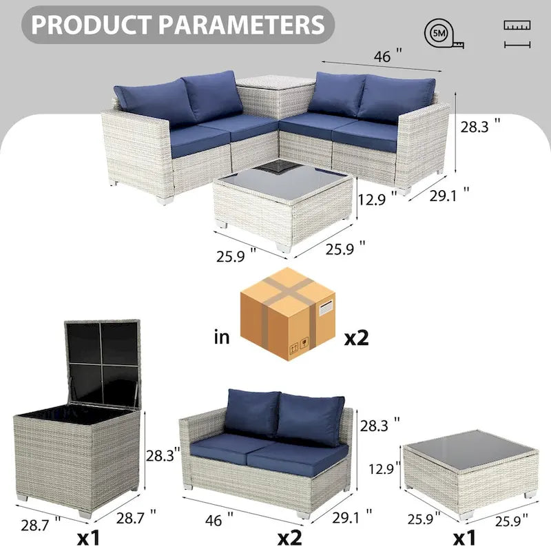 Ensemble de canapé d'angle d'extérieur 4 pièces en résine tressée PE tressée à la main, avec coussins et coffre de rangement