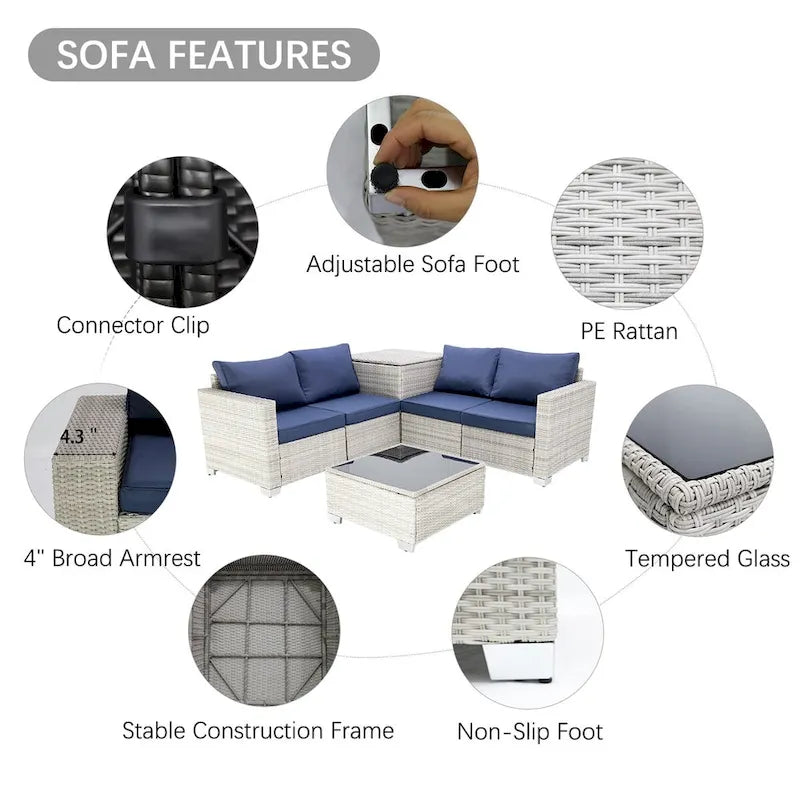 Ensemble de canapé d'angle d'extérieur 4 pièces en résine tressée PE tressée à la main, avec coussins et coffre de rangement