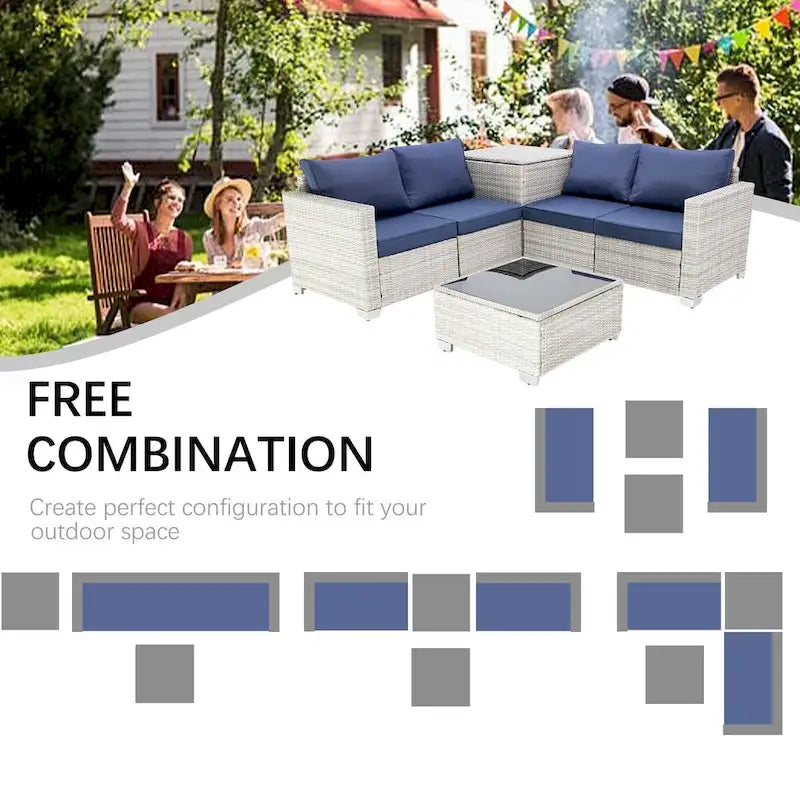 Ensemble de canapé d'angle d'extérieur 4 pièces en résine tressée PE tressée à la main, avec coussins et coffre de rangement