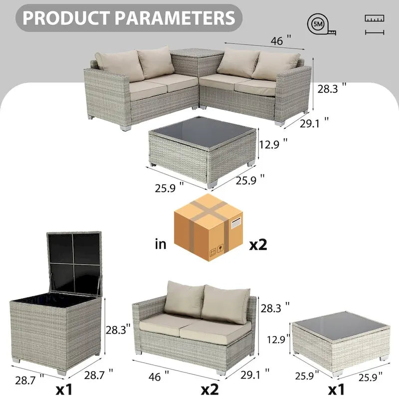Ensemble de canapé d'angle d'extérieur 4 pièces en résine tressée PE tressée à la main, avec coussins et coffre de rangement